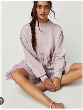 Free people Pixie Sweatshirt Pullover Tiered Ruffles Tunic In Lavender Light S
